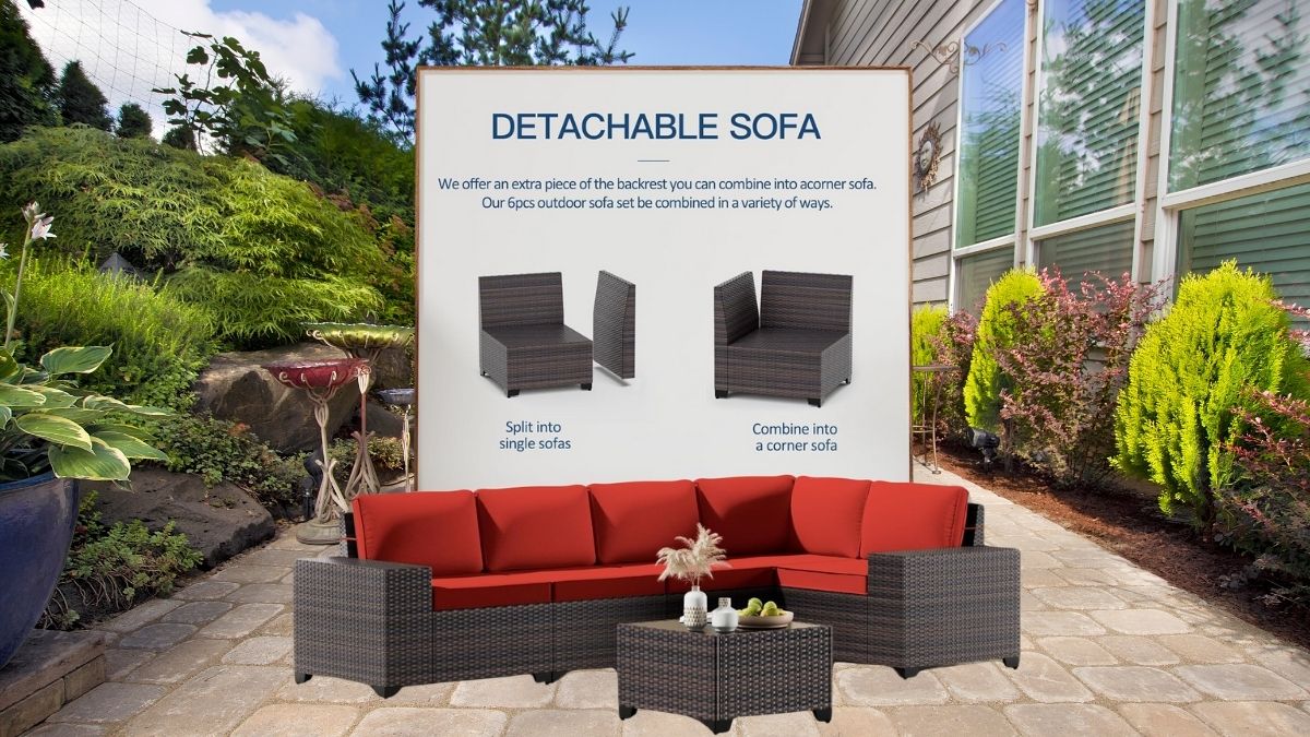 Kullavik 6PCS Outdoor Patio Furniture Set PE Wicker Rattan Sectional Sofa Patio Conversation Sets,Red Size:Red.