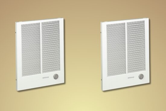 Two Broan high capacity wall heaters shown with front grills and built-in thermostats on a beige background.