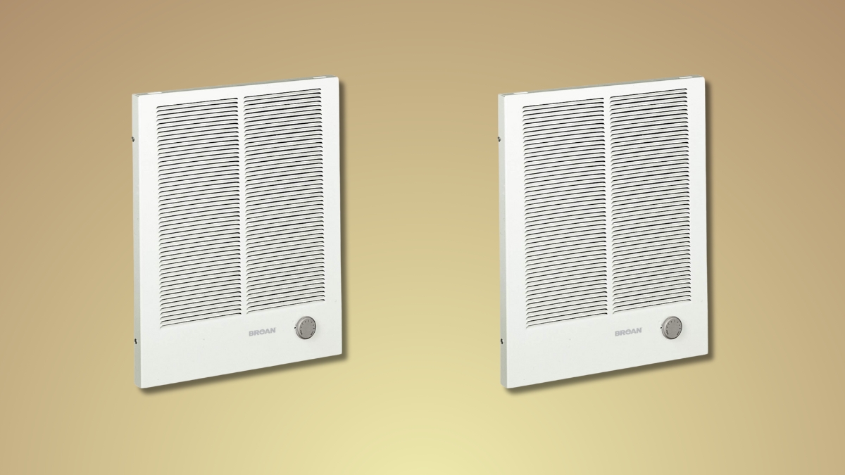 Two Broan high capacity wall heaters shown with front grills and built-in thermostats on a beige background.