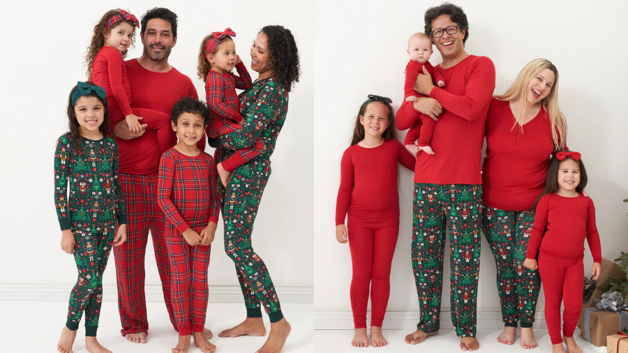 Two families dressed in coordinated red and green Christmas-themed pajamas posing together for a holiday photo.