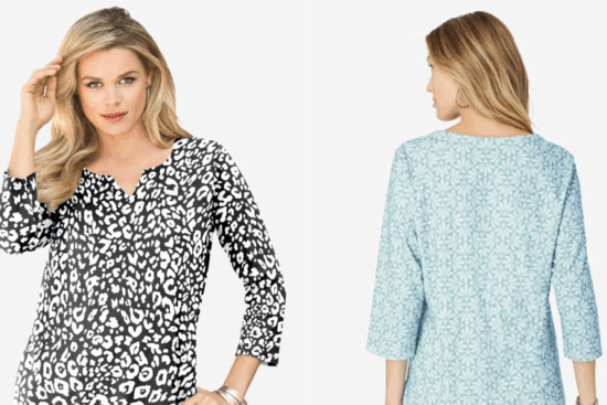 Front and back view of women wearing patterned 3/4 sleeve tops—one in black and white animal print, the other in a light blue geometric print.
