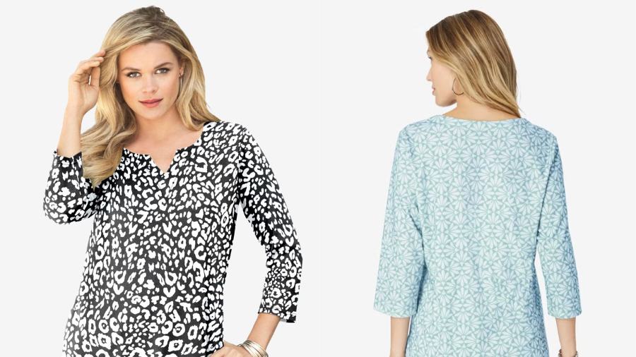 Front and back view of women wearing patterned 3/4 sleeve tops—one in black and white animal print, the other in a light blue geometric print.