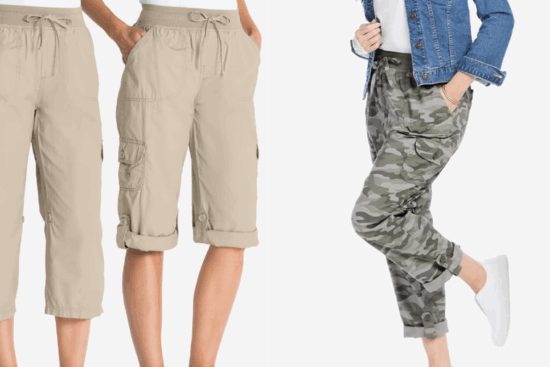Three views of women's drawstring cargo pants: two in beige capri style and one in full-length camo print with a denim jacket.
