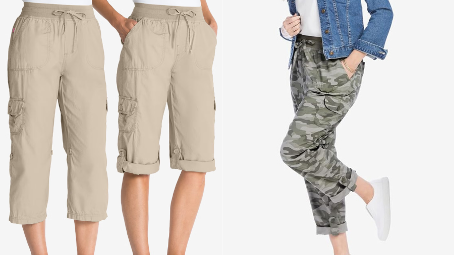 Three views of women's drawstring cargo pants: two in beige capri style and one in full-length camo print with a denim jacket.