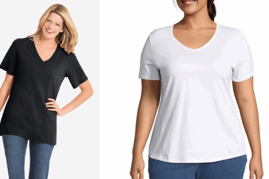 Two women modeling casual V-neck T-shirts, one in black and one in white, paired with blue jeans.