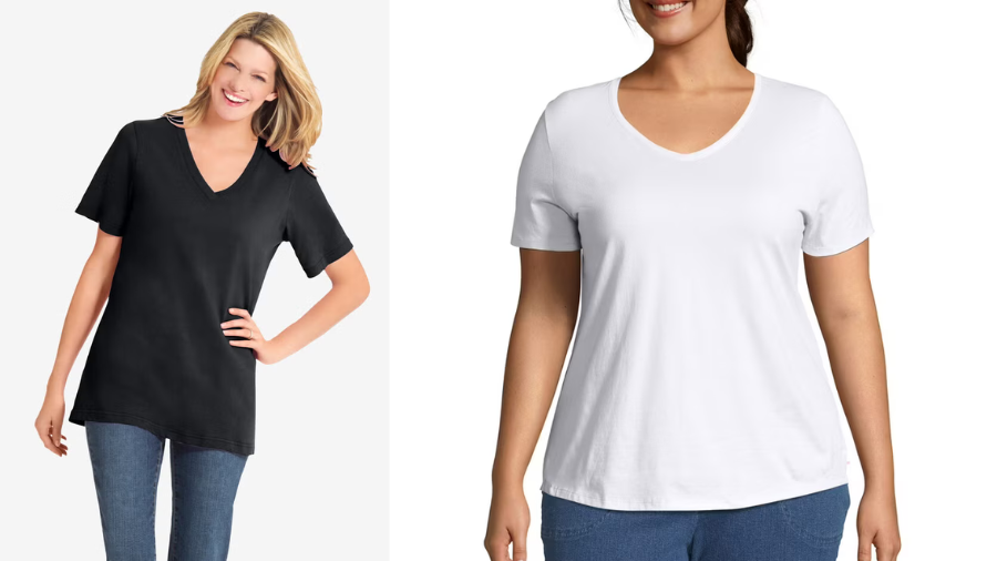 Two women modeling casual V-neck T-shirts, one in black and one in white, paired with blue jeans.