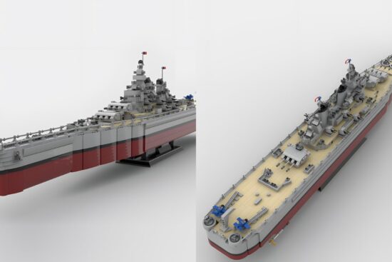 Side-by-side views of the BrickCraftWorks USS Missouri battleship building blocks set showing detailed deck features and large navy ship structure.