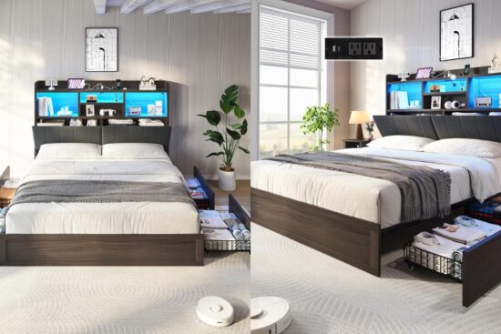 Modern farmhouse bed frame with LED headboard, built-in outlets, and under-bed storage drawers in a cozy bedroom setup.