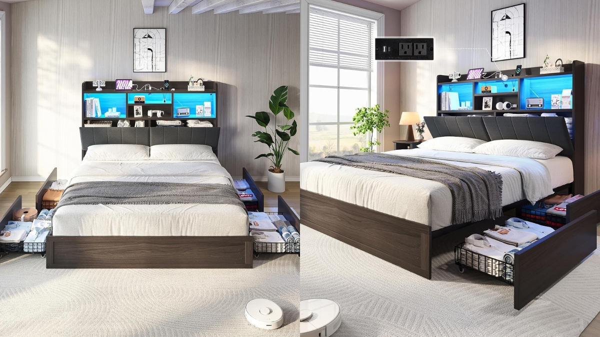 Modern farmhouse bed frame with LED headboard, built-in outlets, and under-bed storage drawers in a cozy bedroom setup.