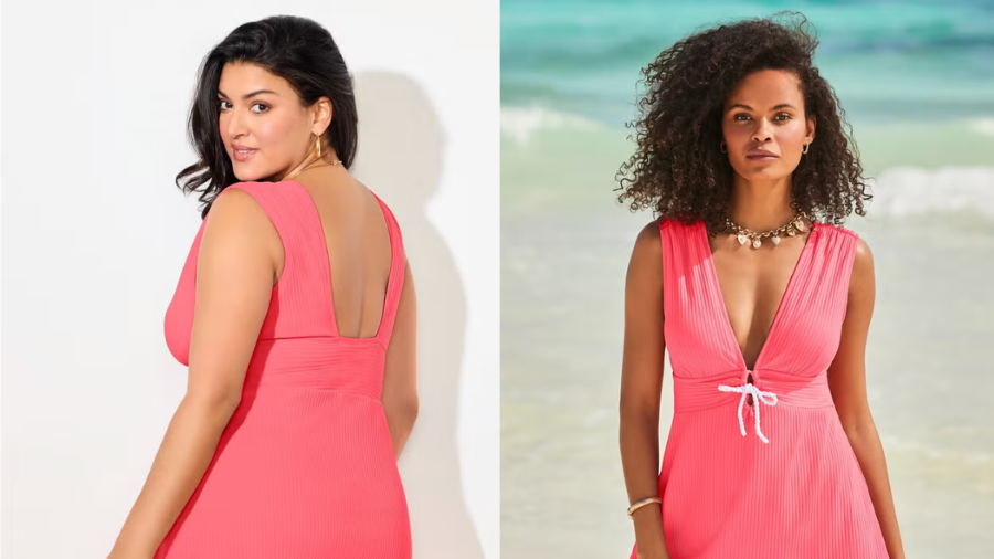 Ribbed Rope-Tie V-Neck Swimdress by Swimsuits for All