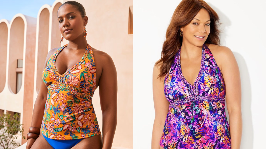 Swimsuits for All Braid Trim Halter Tankini Set