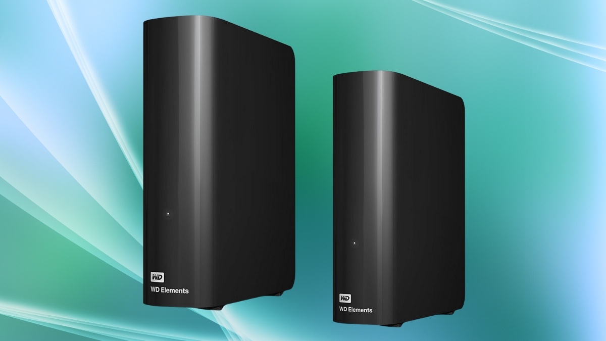 Two black Western Digital external hard drives standing upright against a soft green and blue background.