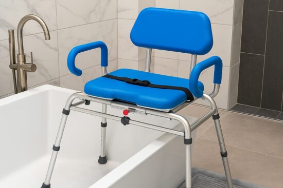 Blue sliding shower chair with swivel seat placed over a bathtub, showing padded backrest, armrests, and adjustable legs for bathroom safety.