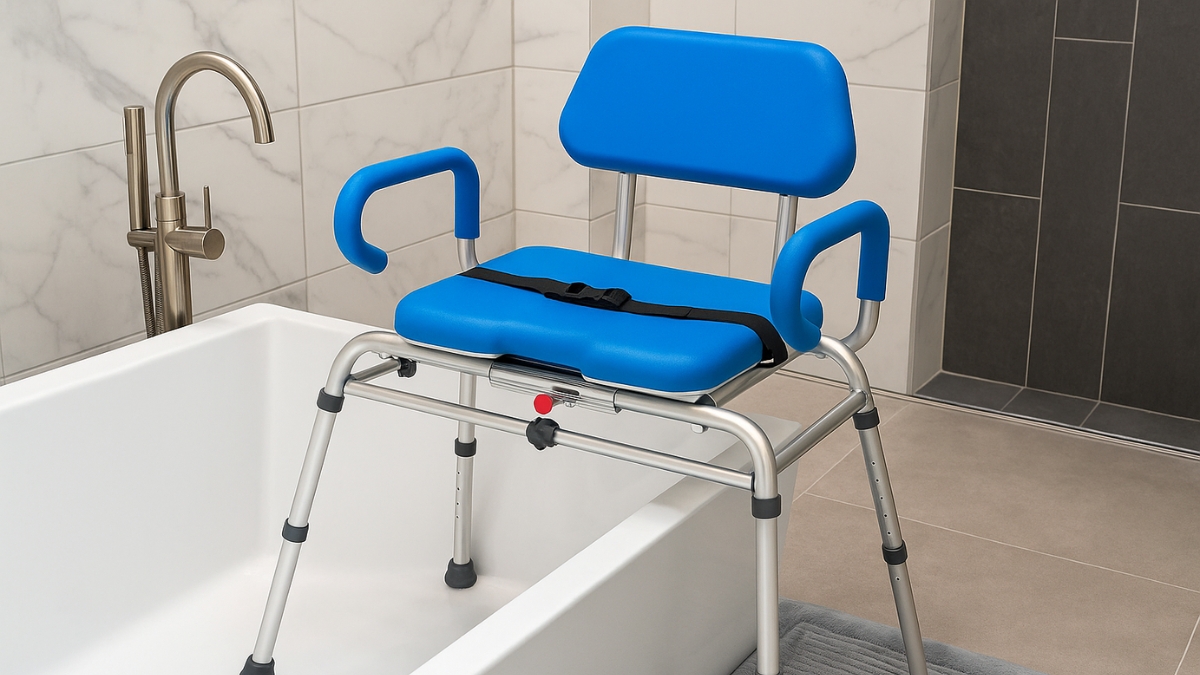 Blue sliding shower chair with swivel seat placed over a bathtub, showing padded backrest, armrests, and adjustable legs for bathroom safety.