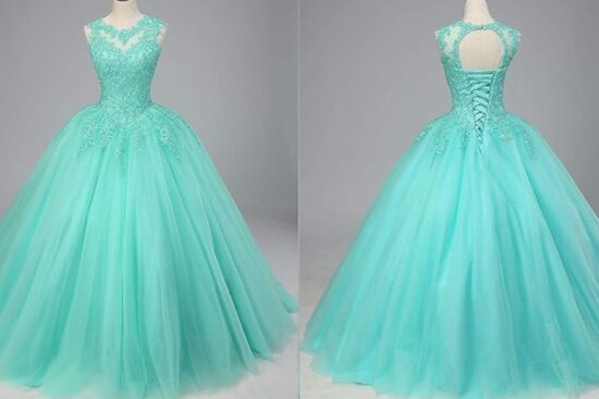 Aqua blue quinceanera ball gown for teens with beaded tulle bodice, full skirt, and lace-up back.