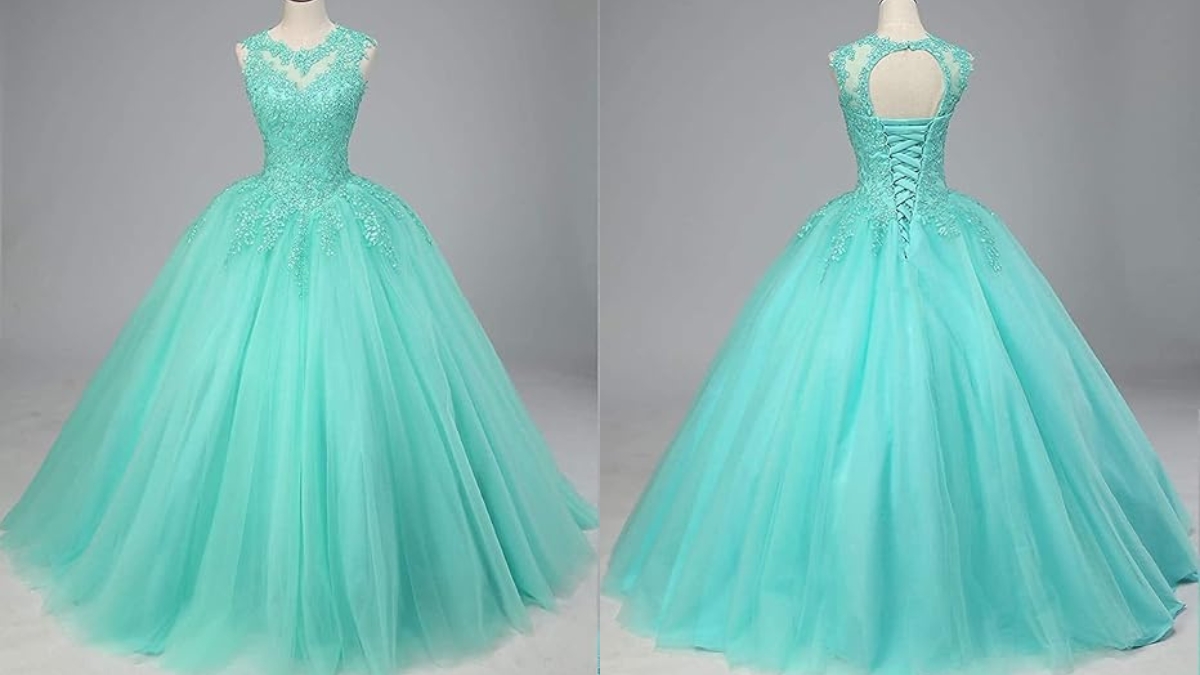 Aqua blue quinceanera ball gown for teens with beaded tulle bodice, full skirt, and lace-up back.