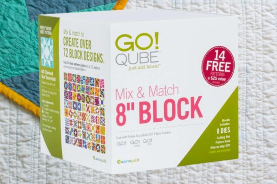 Box of AccuQuilt GO! Qube 8 Inch Mix and Match set showing 8 dies and 72 block design options.