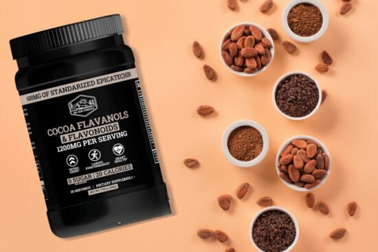 Black Forest high flavanol cocoa powder jar with cocoa beans and powder in small bowls on a light background.