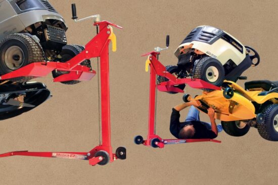 MoJack EZ Max Mower Lift holding two riding mowers off the ground for safe and easy repair access.