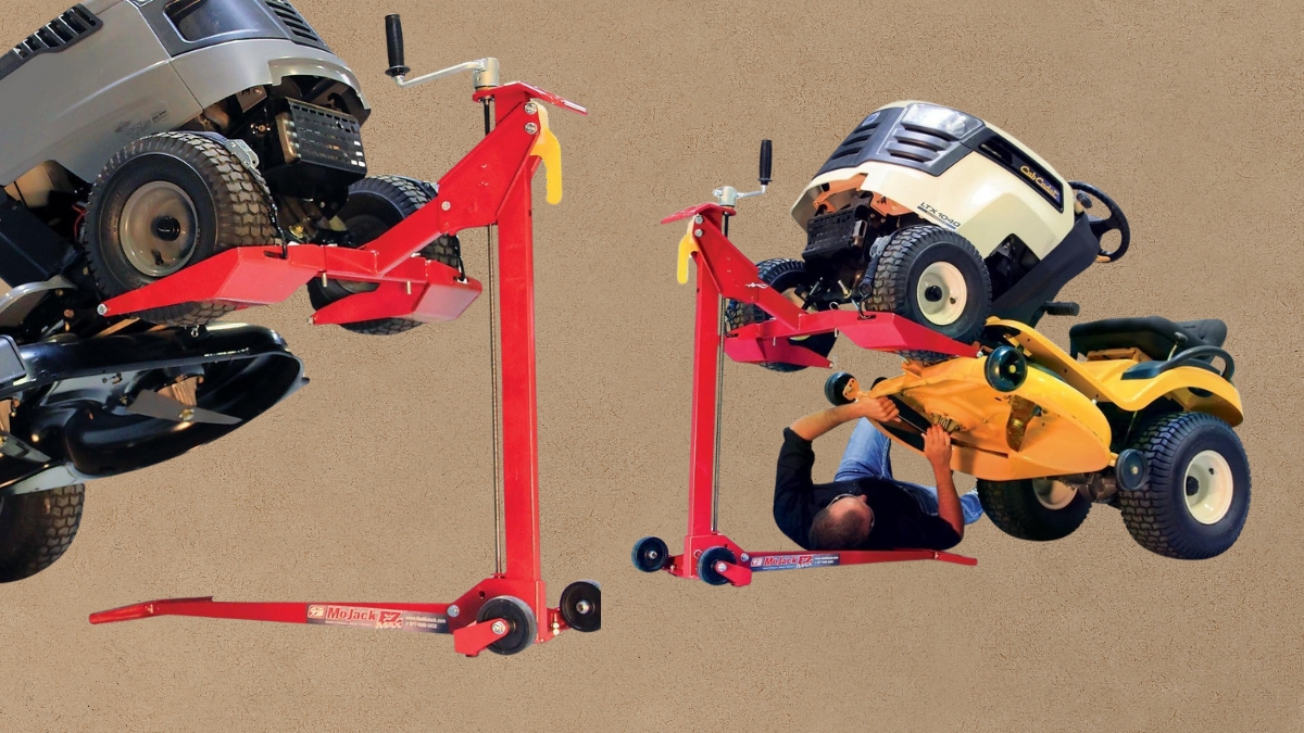 MoJack EZ Max Mower Lift holding two riding mowers off the ground for safe and easy repair access.