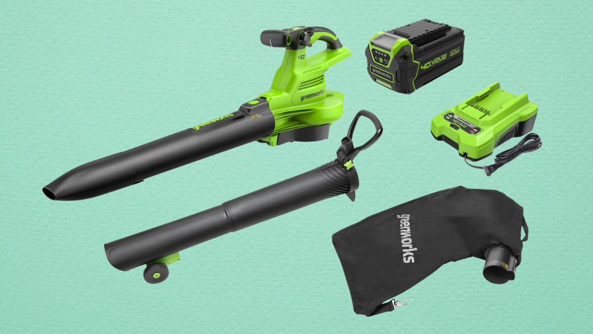 Greenworks 40V cordless leaf blower set with battery, charger, blower tubes, and collection bag on a light green background.