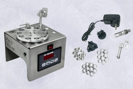 Stainless steel brass case annealer kit with digital controls, inserts, power adapter, and torch holder.