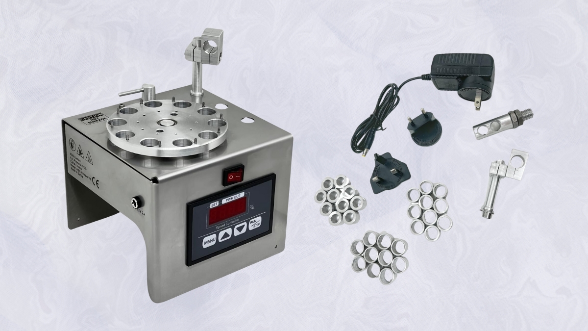 Stainless steel brass case annealer kit with digital controls, inserts, power adapter, and torch holder.