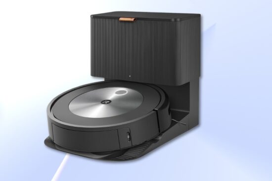 iRobot Roomba j7+ robot vacuum shown in its self-emptying base on a light background.