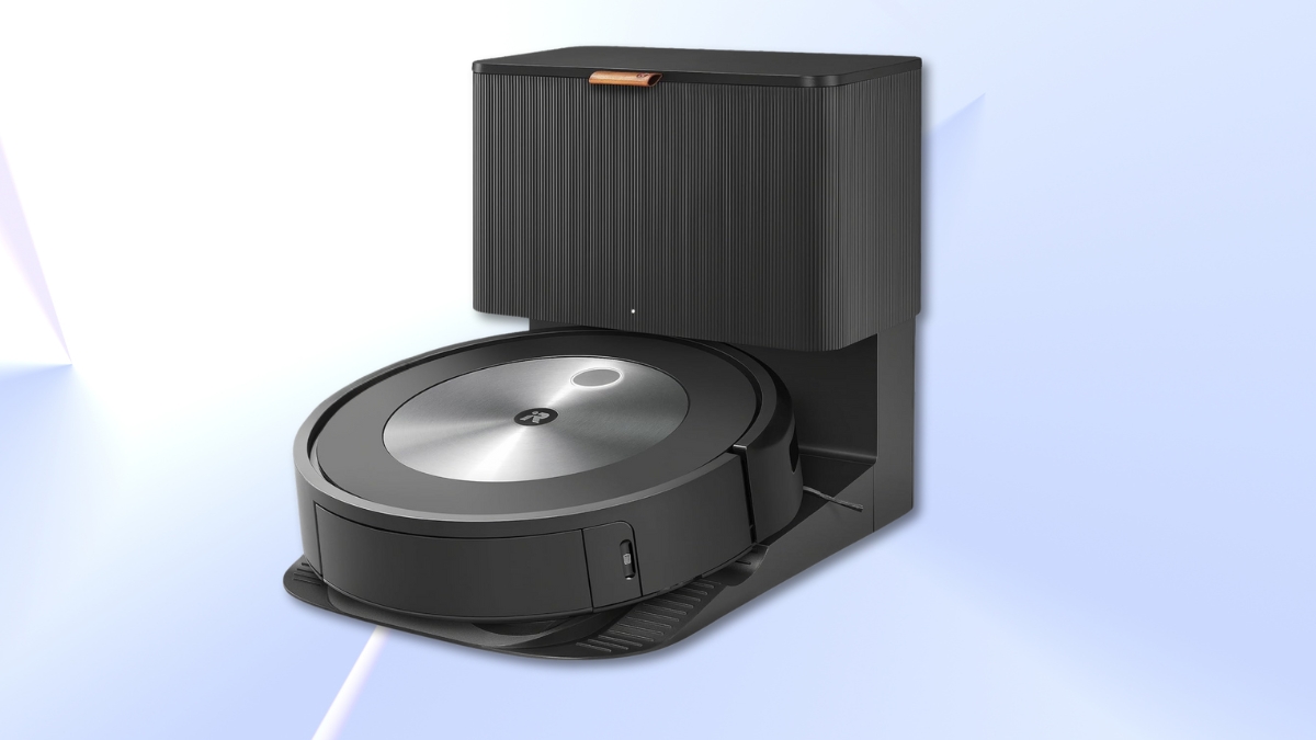 iRobot Roomba j7+ robot vacuum shown in its self-emptying base on a light background.