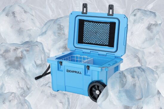 Blue DEAPRULL 55 quart cooler with wheels shown open on ice background, featuring inner basket and mesh pocket.