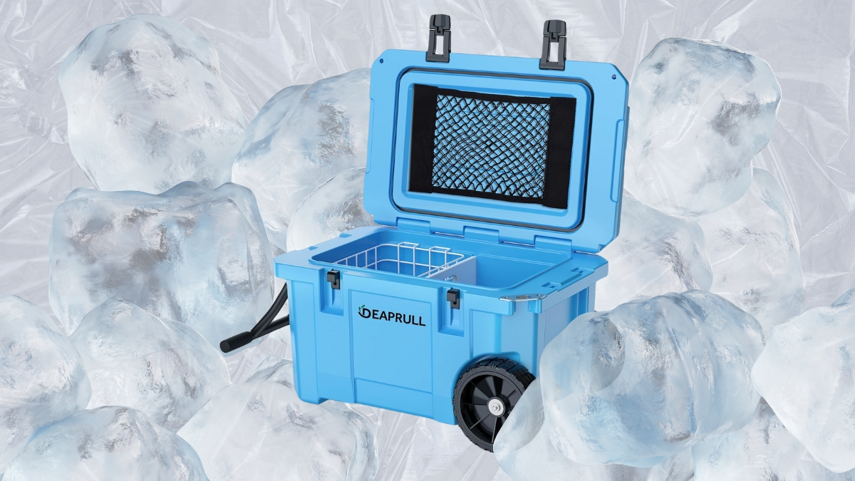 Blue DEAPRULL 55 quart cooler with wheels shown open on ice background, featuring inner basket and mesh pocket.