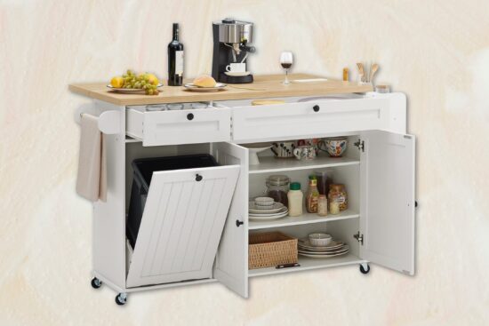 White kitchen rolling island with wood countertop, towel rack, spice containers, hidden trash bin, and open cabinet storage.