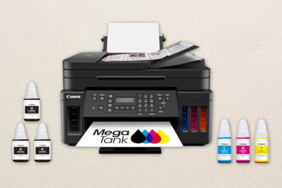 Canon G7020 All-in-One Printer with MegaTank ink bottles and printed color sheet.