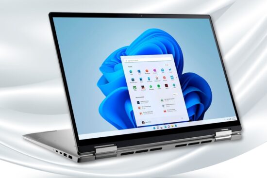 Dell Inspiron 7620 2-in-1 laptop shown in tent mode with a 16-inch touchscreen running Windows 11.