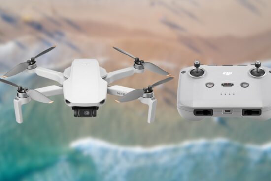 DJI Mini 4K drone and remote controller shown above a beach background, highlighting its compact design and camera setup.
