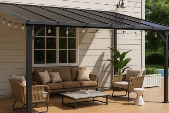 Aoxun 10' x 12' gazebo with a sloped roof shown over a patio seating area near a pool.