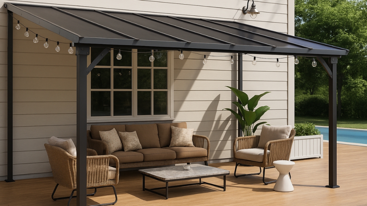 Aoxun 10' x 12' gazebo with a sloped roof shown over a patio seating area near a pool.