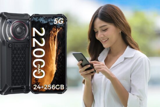 A woman using a smartphone outdoors next to a large image of the OUKITEL WP33 Pro showing its 22000mAh battery and 5G support.