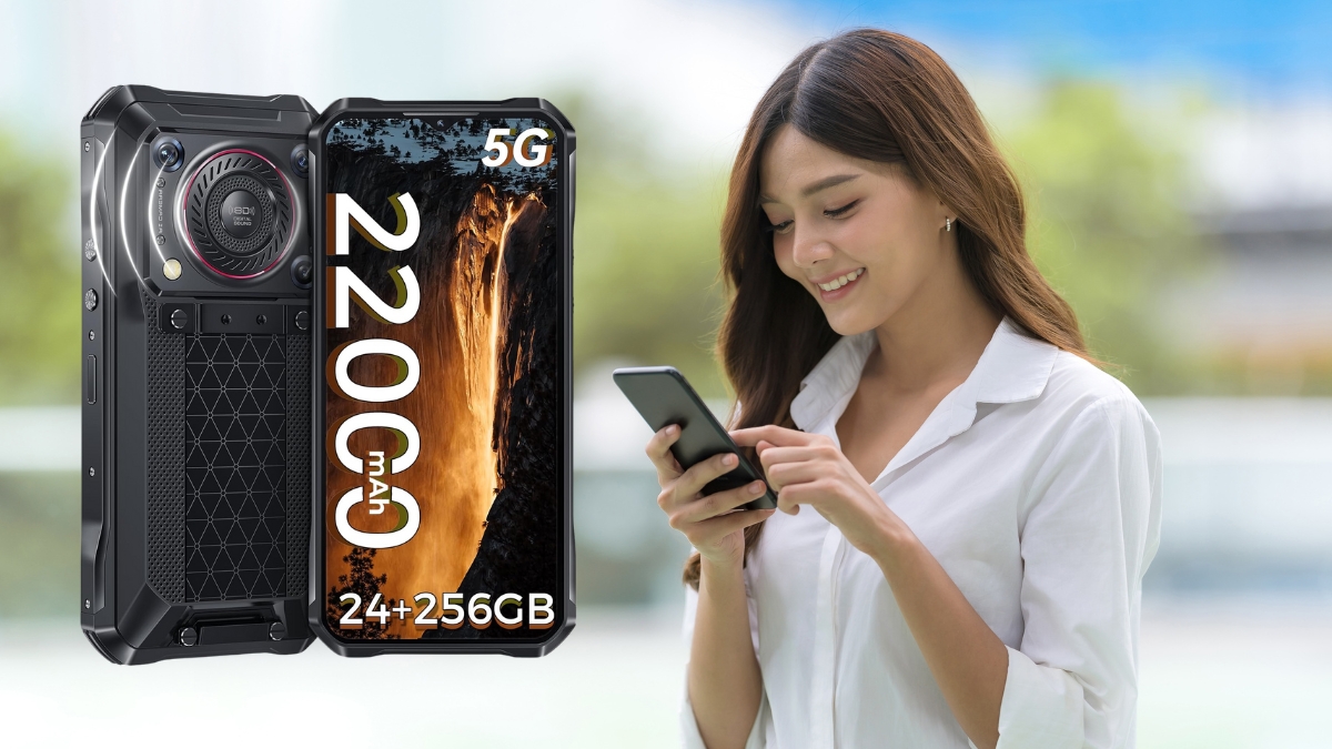 A woman using a smartphone outdoors next to a large image of the OUKITEL WP33 Pro showing its 22000mAh battery and 5G support.