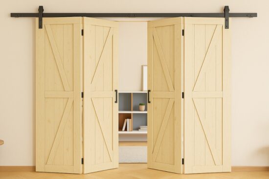 Four-panel bi-fold barn doors with black handles partially open to reveal a shelf in a modern room.