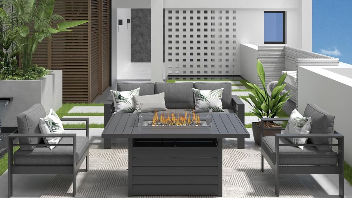 Solaste Aluminum Patio Furniture Set with Fire Pit Table,
