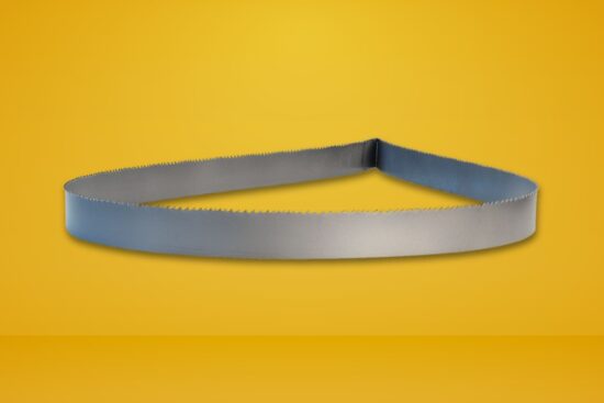 Metal Lenox band saw blade with sharp teeth, shaped in a loop, shown on a yellow background.