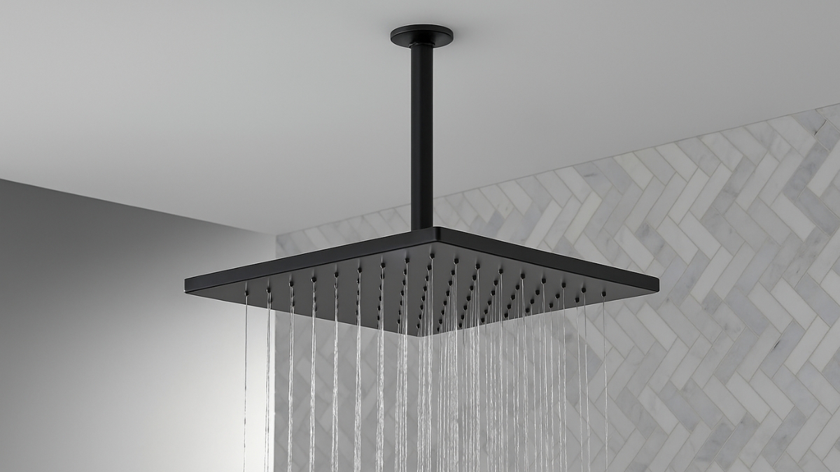 Black square rain shower head with water flowing evenly, mounted on a ceiling in a tiled modern bathroom.