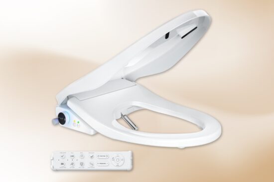 Electric bidet toilet seat with adjustable spray nozzle and remote control.