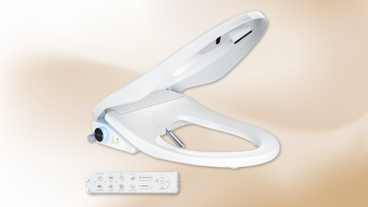 Electric bidet toilet seat with adjustable spray nozzle and remote control.
