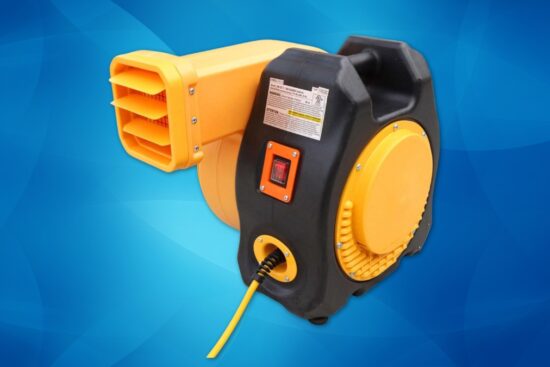 Zoom Blowers XLT Inflatable Bounce House Blower with a yellow and black body and a three-vent air outlet on a blue background.