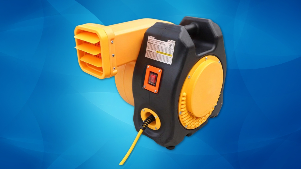 Zoom Blowers XLT Inflatable Bounce House Blower with a yellow and black body and a three-vent air outlet on a blue background.