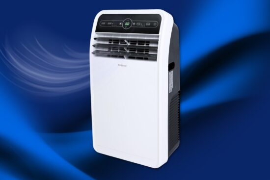 Shinco 10,000 BTU Portable Air Conditioner in white with digital controls and front air vents on a blue background.