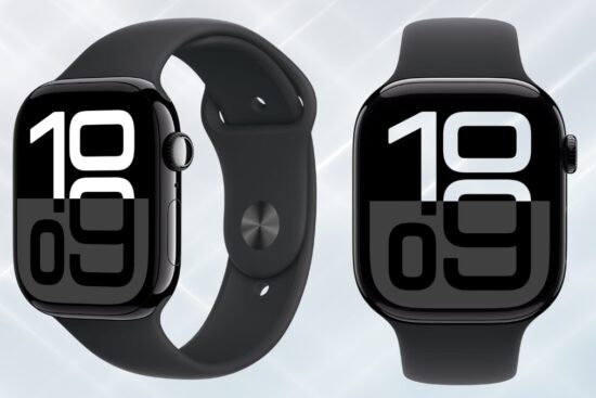 Apple Watch Series 10 with a black band and large digital display showing the time.