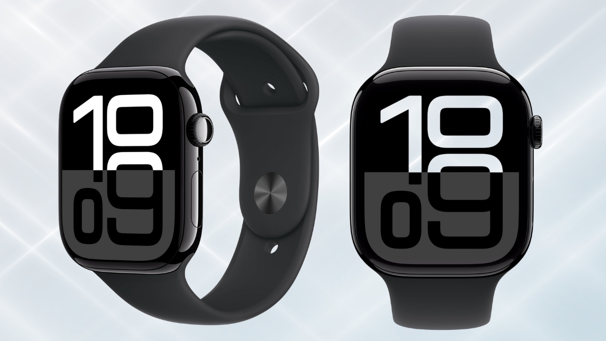 Apple Watch Series 10 with a black band and large digital display showing the time.
